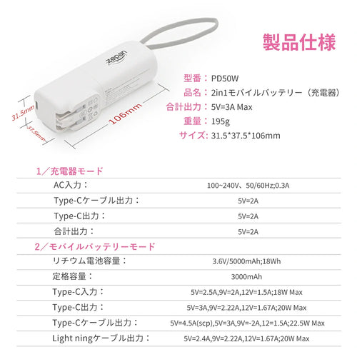 2in1モバイルバッテリー かわいい zepan PD50W -50th